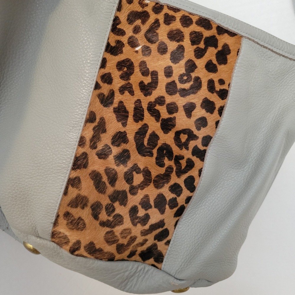 Romag Grey Pebbled Leather Leopard Calf Hair Hobo Bag Gold Hardware - Picture 10 of 16